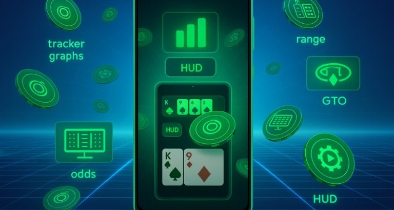 ابزارهای پوکر شامل HUD، نمودارهای ترکینگ، رنج و تحلیل GTO در محیط دیجیتال
