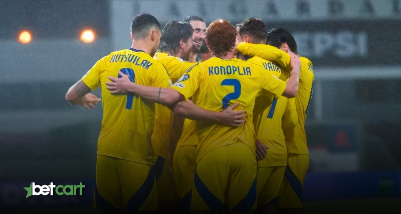 شادی بازیکنان تیم ملی اوکراین پس از گل در دیدار مقدماتی جام جهانی ۲۰۲۶